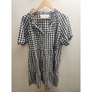 Pink Martini Gingham Babydoll Dress Black Cream Tiered Ruffle Neck L
